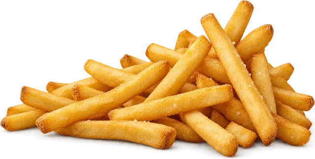 Loose golden fries behind the burger, available as an optional extra